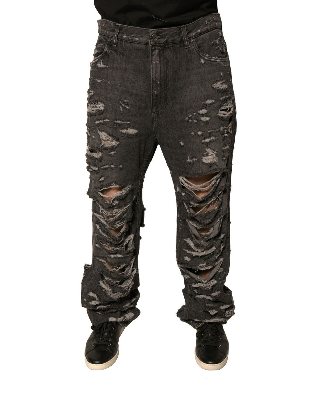 Dolce &amp; Gabbana Gray Tattered Cotton Straight Men Denim Jeans