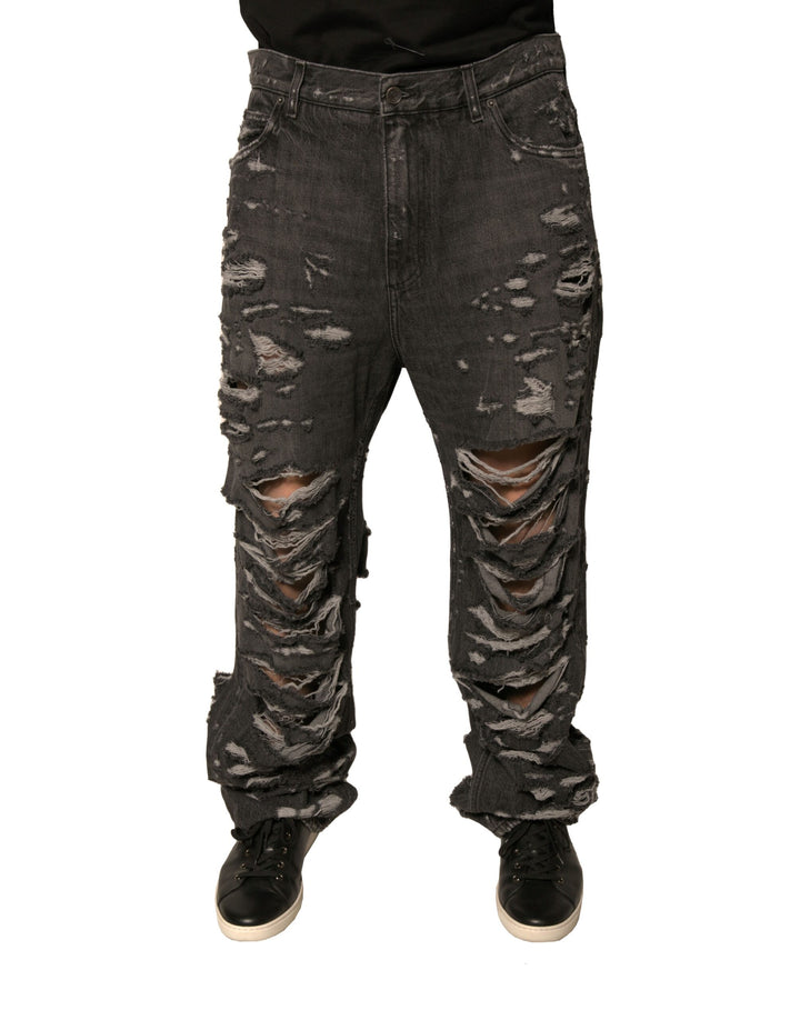 Dolce &amp; Gabbana Gray Tattered Cotton Straight Men Denim Jeans