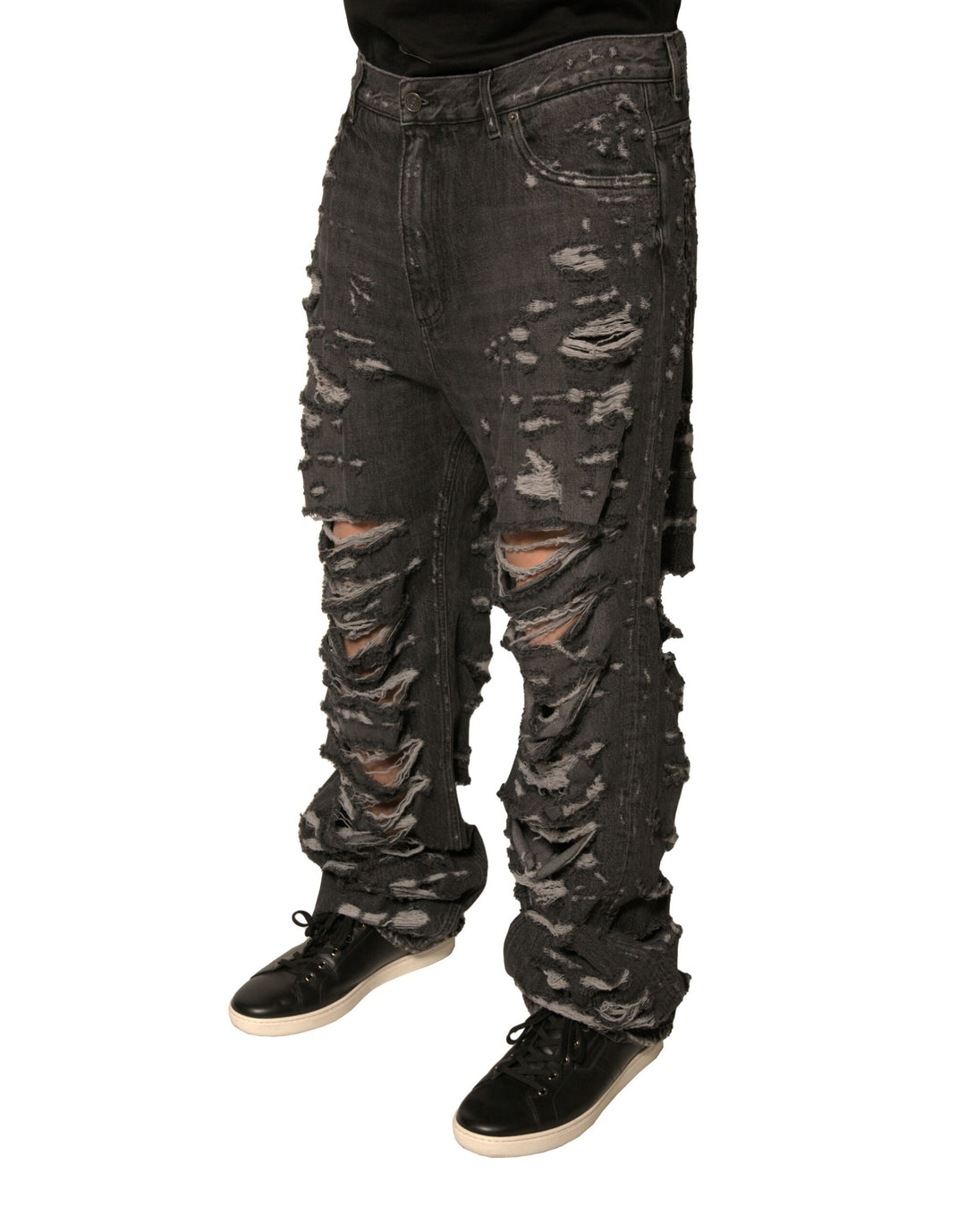 Dolce &amp; Gabbana Gray Tattered Cotton Straight Men Denim Jeans
