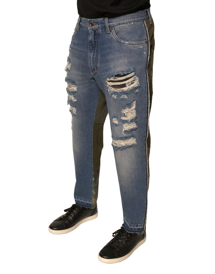 Dolce &amp; Gabbana Blue Tattered Straight Cropped Denim Jeans