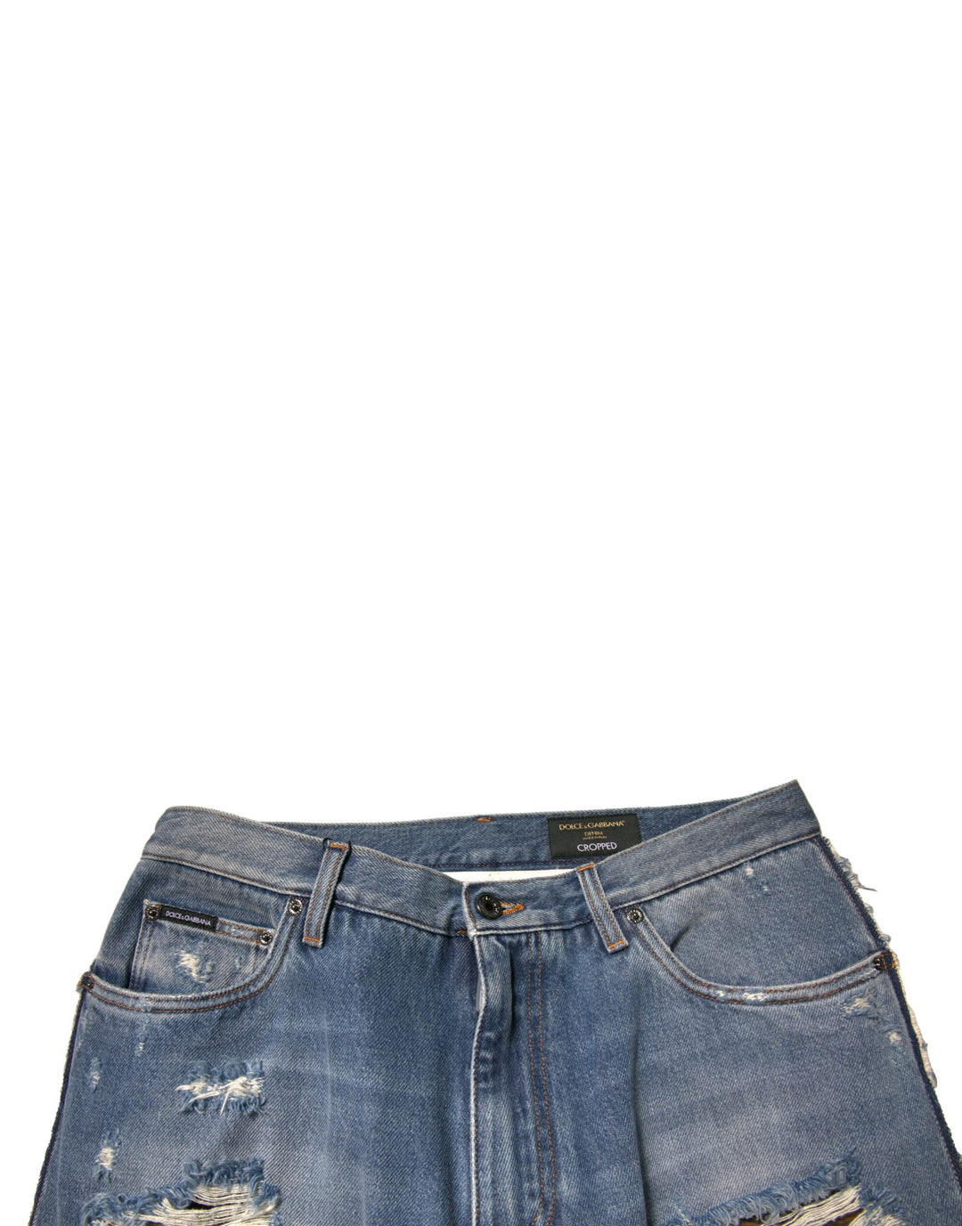 Dolce &amp; Gabbana Blue Tattered Straight Cropped Denim Jeans