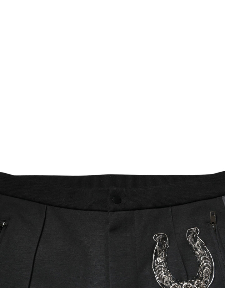 Dolce &amp; Gabbana Black Horseshoe Embellished Wool Slim Fit Pants