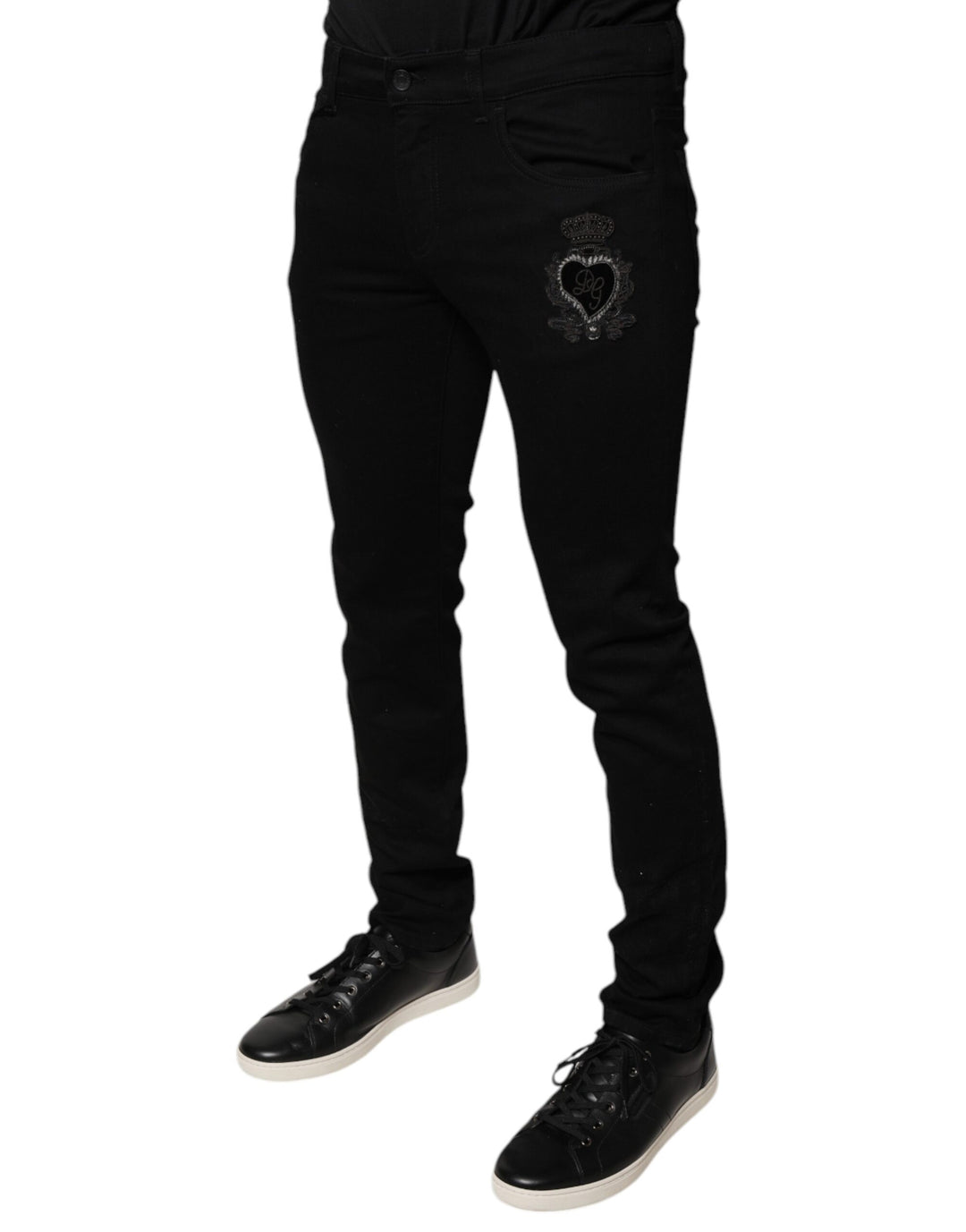 Jean skinny en coton noir Dolce &amp;amp; Gabbana avec logo DG Crown