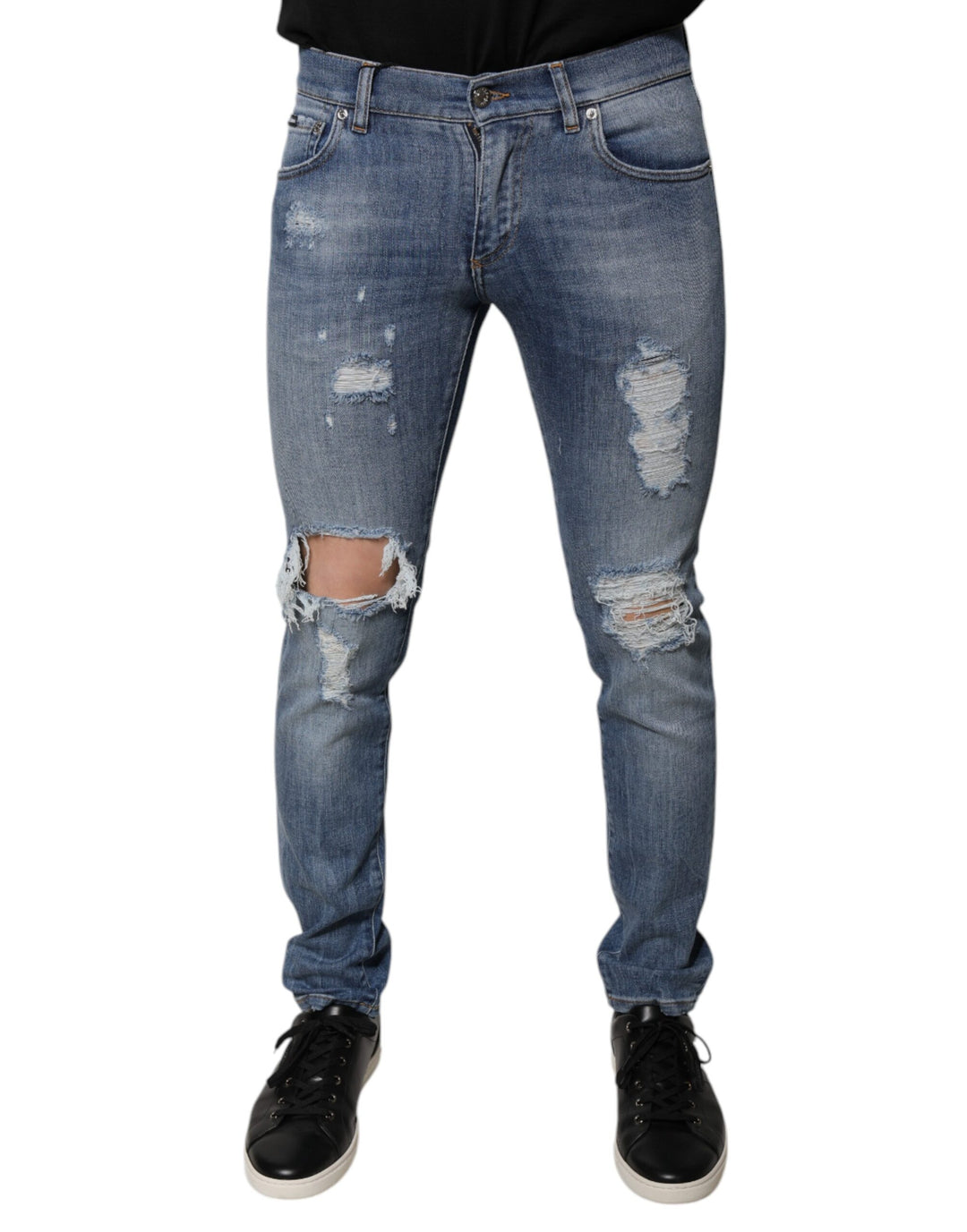 Dolce &amp; Gabbana Blue Tattered Cotton Stretch Skinny Denim Jeans