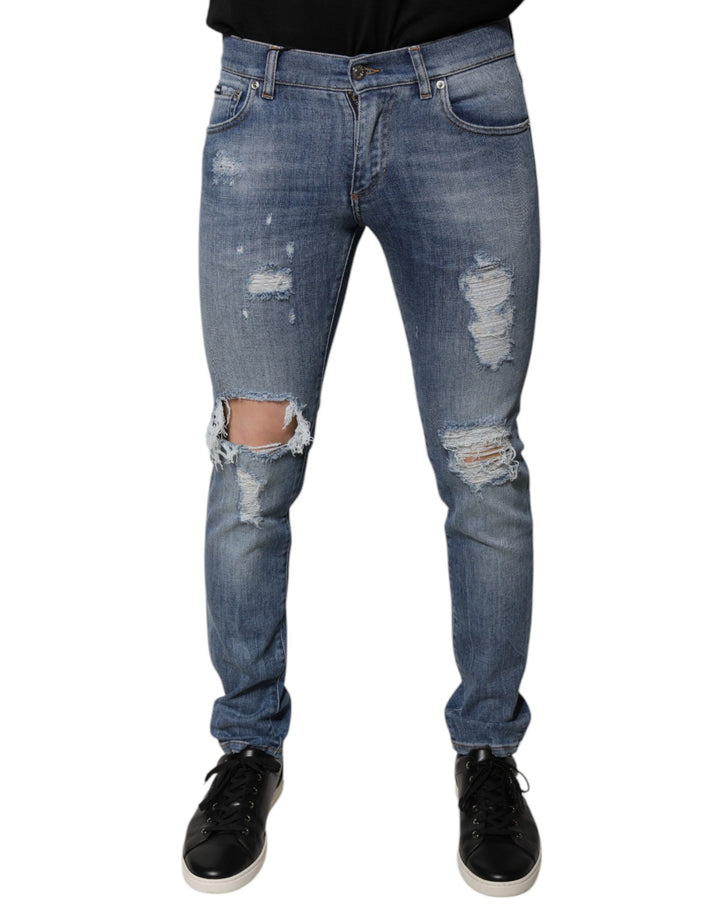 Dolce &amp; Gabbana Blue Tattered Cotton Stretch Skinny Denim Jeans