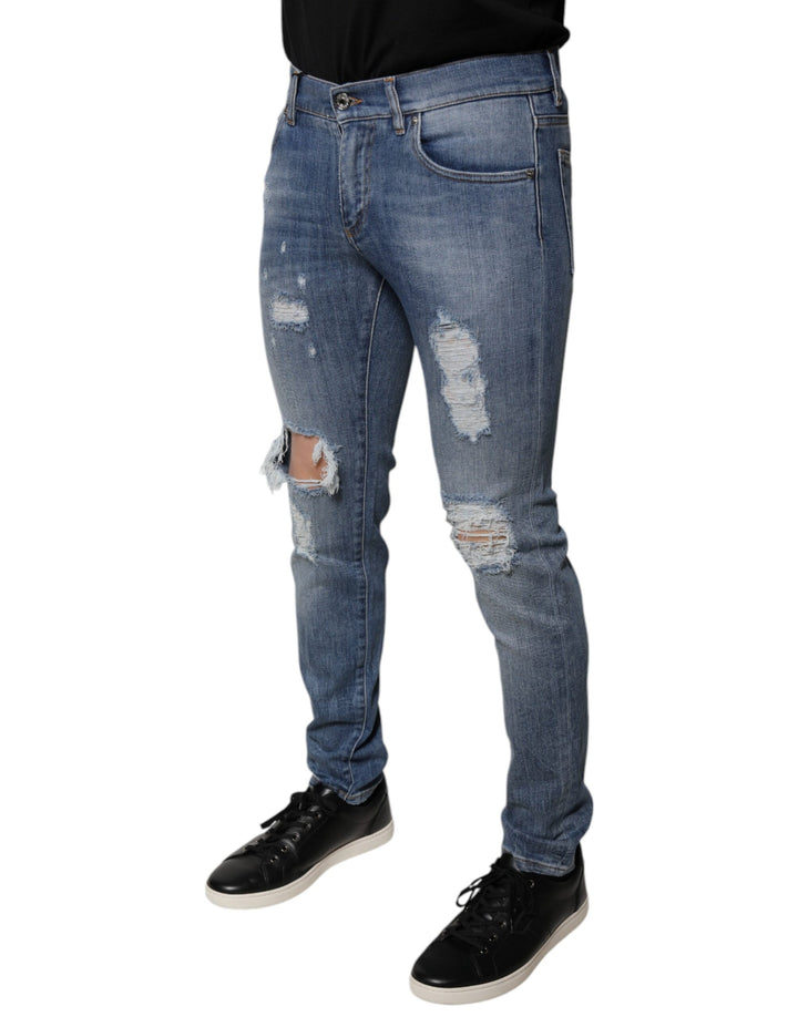 Dolce &amp; Gabbana Blue Tattered Cotton Stretch Skinny Denim Jeans