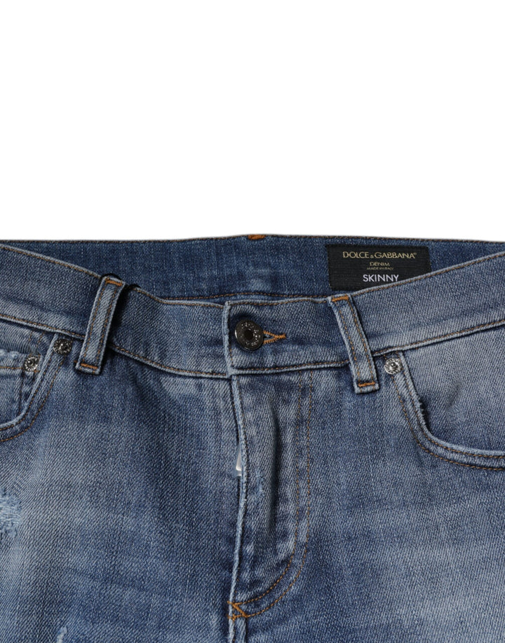 Dolce &amp; Gabbana Blue Tattered Cotton Stretch Skinny Denim Jeans