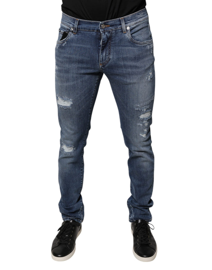 Dolce &amp; Gabbana Blue Tattered Cotton Stretch Skinny Denim Jeans
