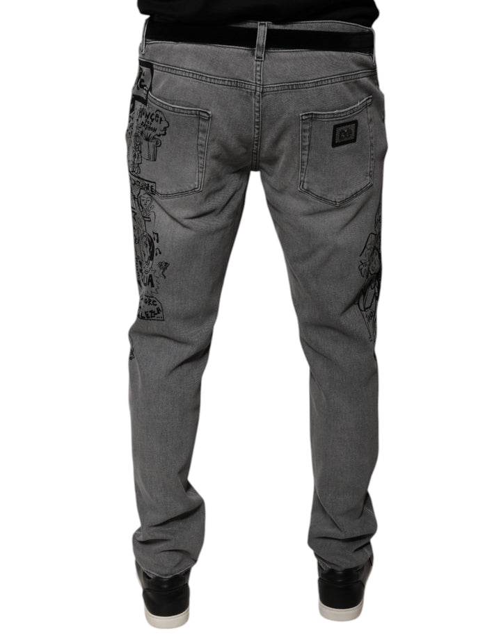 Dolce &amp; Gabbana Gray Graphic Print Cotton Skinny Denim Jeans