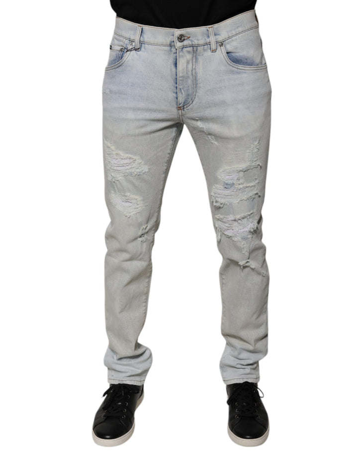 Dolce &amp; Gabbana Light Blue Cotton Blend Tattered Skinny Denim Jeans