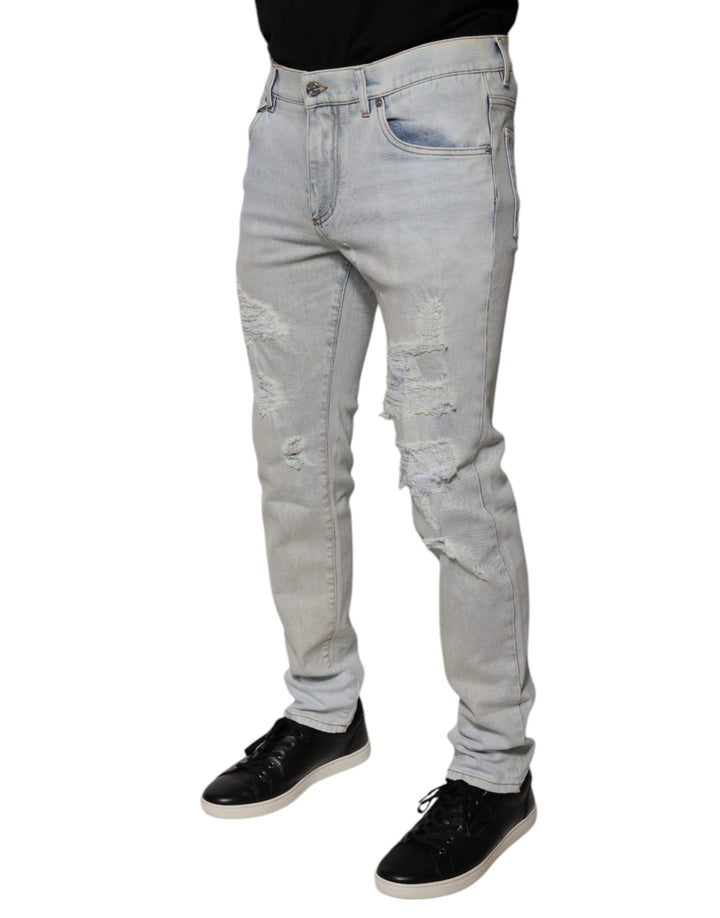 Dolce &amp; Gabbana Light Blue Cotton Blend Tattered Skinny Denim Jeans