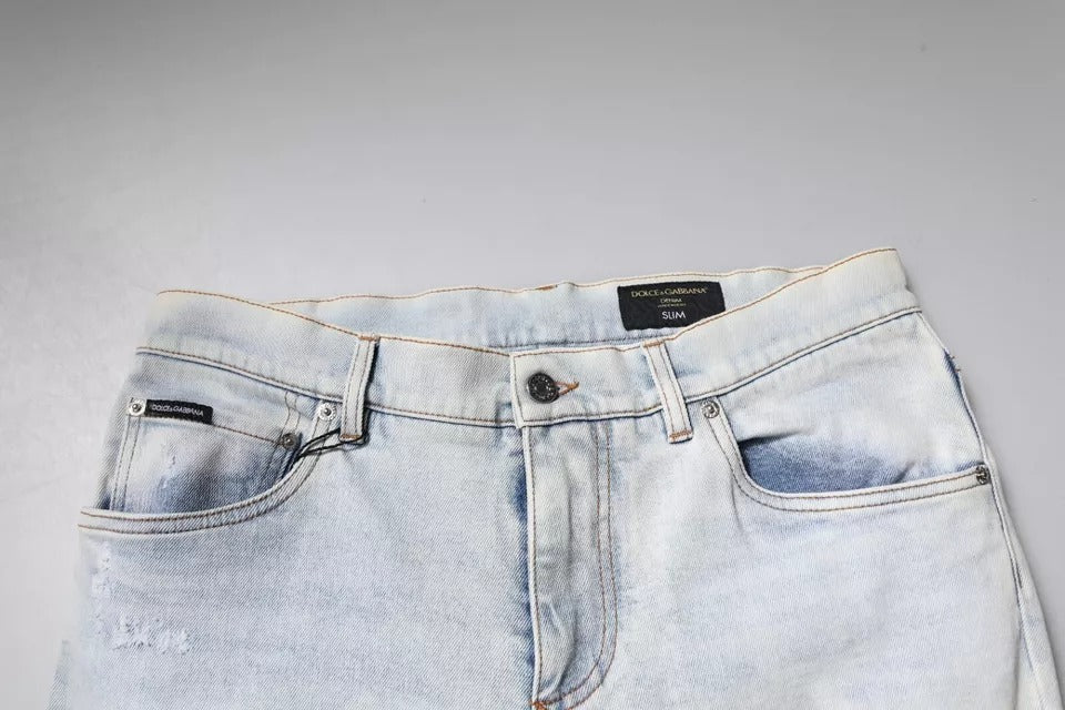 Dolce &amp; Gabbana Light Blue Cotton Blend Tattered Skinny Denim Jeans