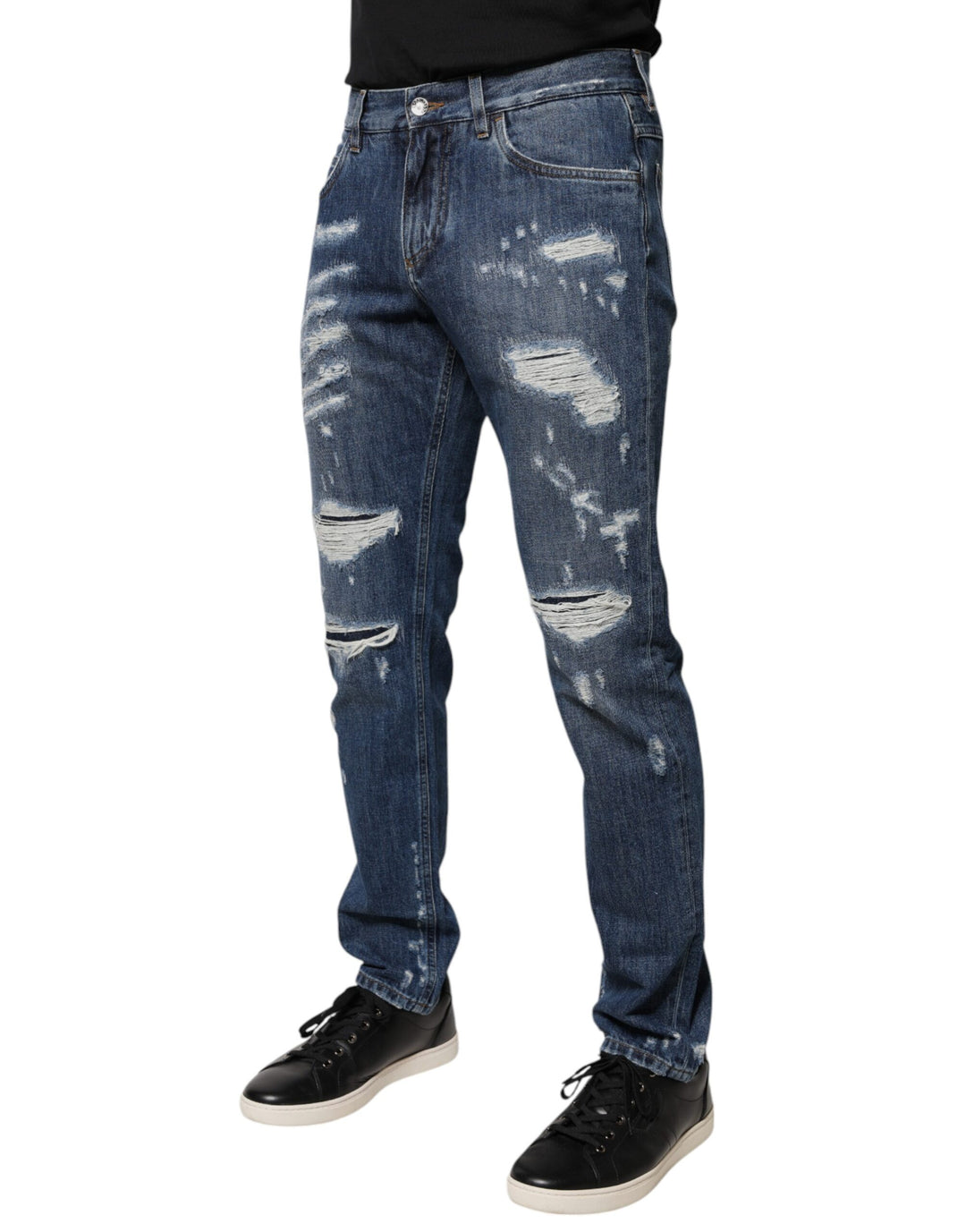 Vaqueros ajustados de mezclilla desgastados de algodón azul de Dolce &amp;amp; Gabbana