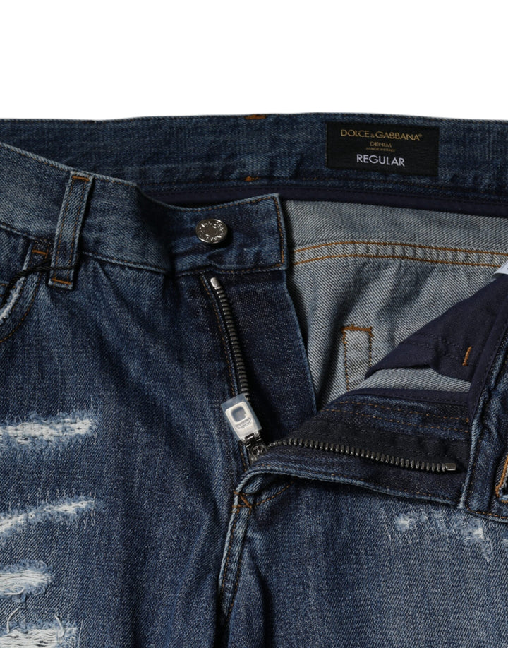 Vaqueros ajustados de mezclilla desgastados de algodón azul de Dolce &amp;amp; Gabbana