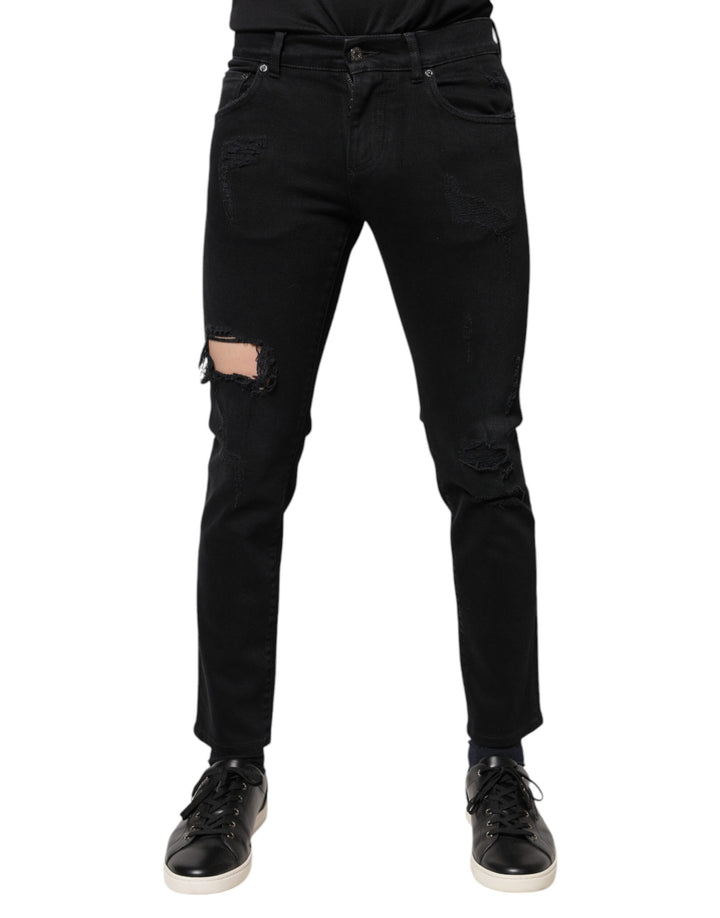 Dolce &amp; Gabbana Black Cotton Tattered Skinny Denim Logo Jeans
