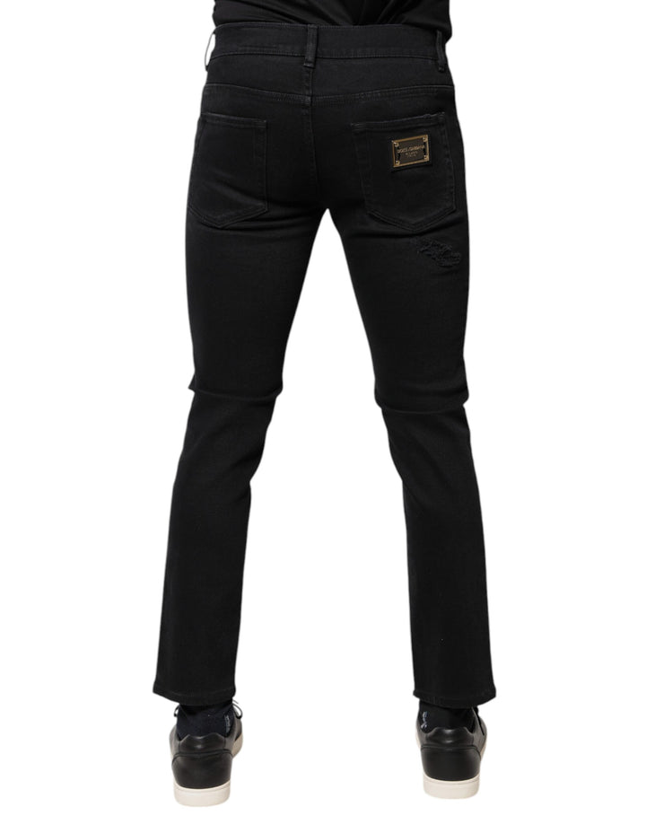 Dolce &amp; Gabbana Black Cotton Tattered Skinny Denim Logo Jeans