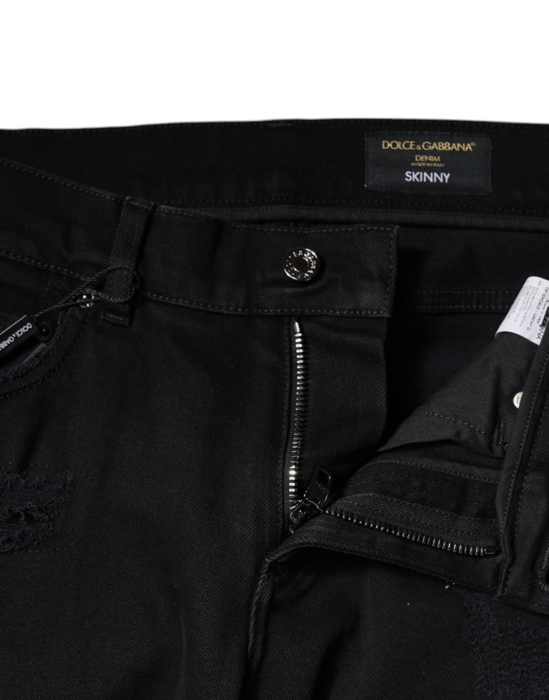 Dolce &amp; Gabbana Black Cotton Tattered Skinny Denim Logo Jeans