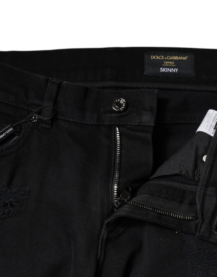 Dolce &amp; Gabbana Black Cotton Tattered Skinny Denim Logo Jeans