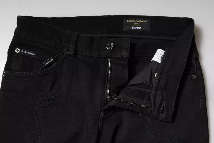 Dolce &amp; Gabbana Black Cotton Tattered Skinny Denim Logo Jeans
