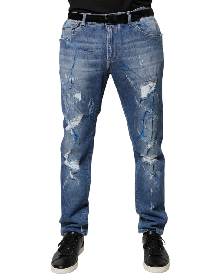 Dolce &amp; Gabbana Blue Cotton Stretch Tattered Skinny Denim Jeans