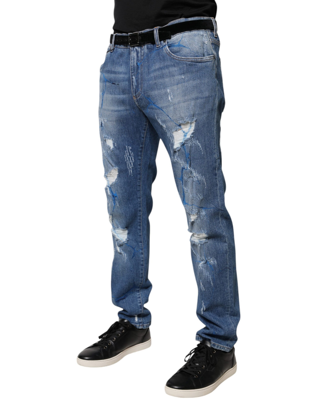 Dolce &amp; Gabbana Blue Cotton Stretch Tattered Skinny Denim Jeans