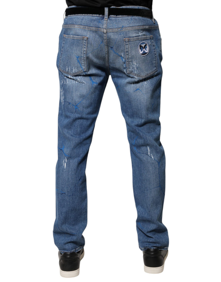 Dolce &amp; Gabbana Blue Cotton Stretch Tattered Skinny Denim Jeans