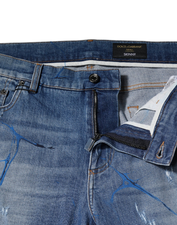 Dolce &amp; Gabbana Blue Cotton Stretch Tattered Skinny Denim Jeans