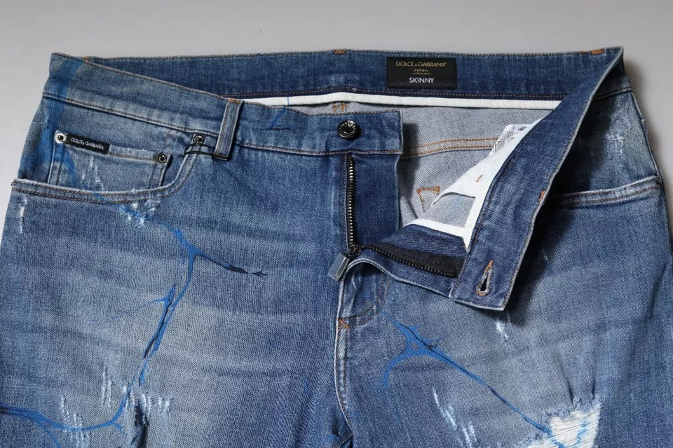 Dolce &amp; Gabbana Blue Cotton Stretch Tattered Skinny Denim Jeans