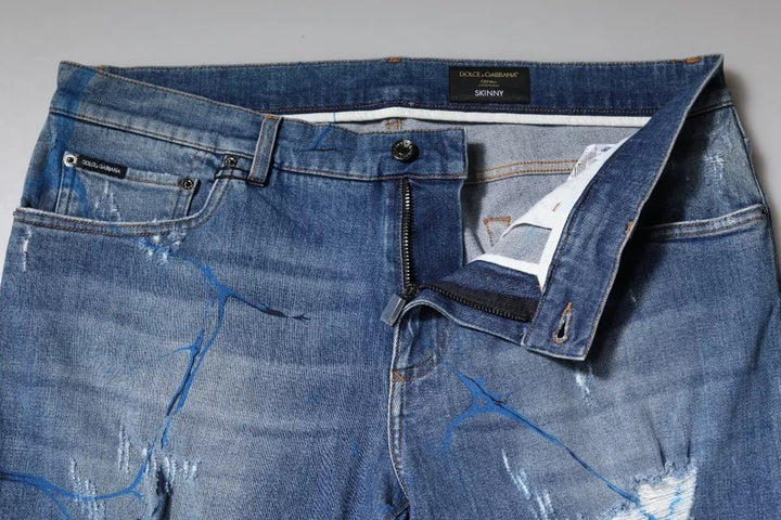 Dolce &amp; Gabbana Blue Cotton Stretch Tattered Skinny Denim Jeans