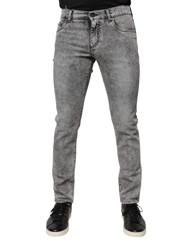 Dolce &amp; Gabbana Gray Logo Plaque Cotton Slim Fit Denim Jeans