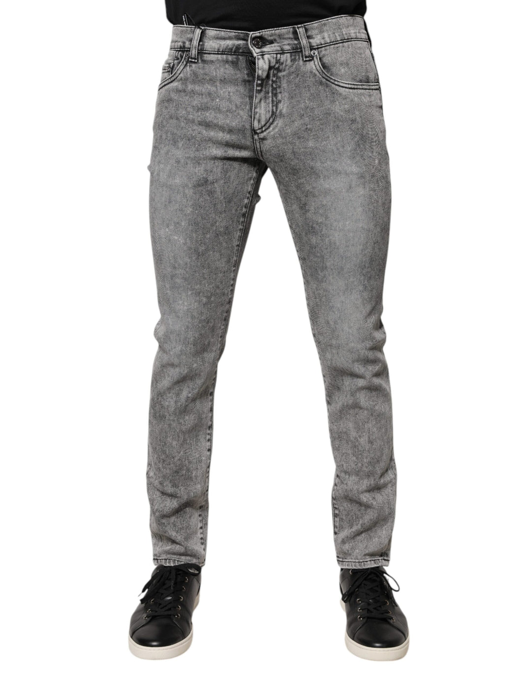 Dolce &amp; Gabbana Gray Logo Plaque Cotton Slim Fit Denim Jeans