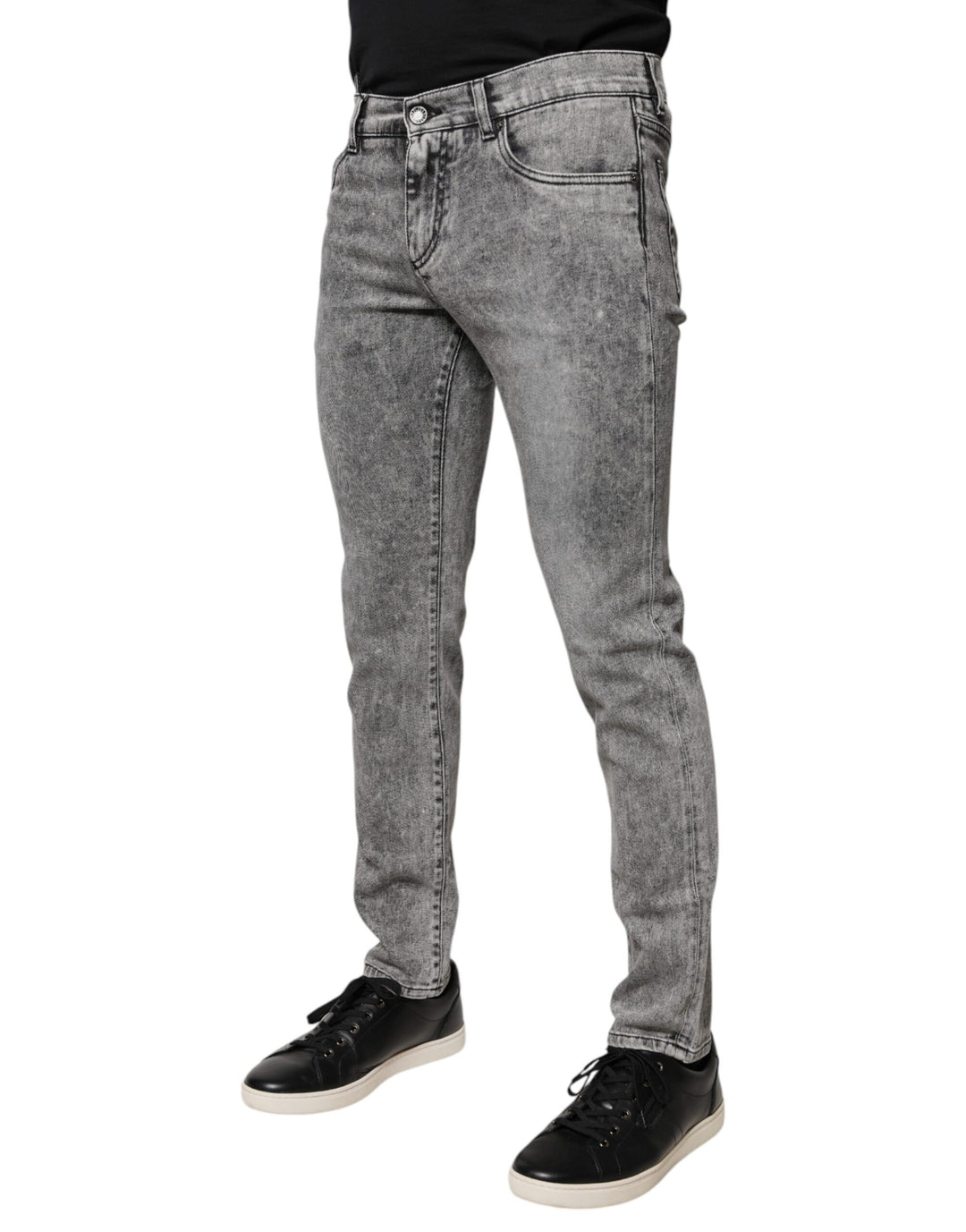 Dolce &amp; Gabbana Gray Logo Plaque Cotton Slim Fit Denim Jeans