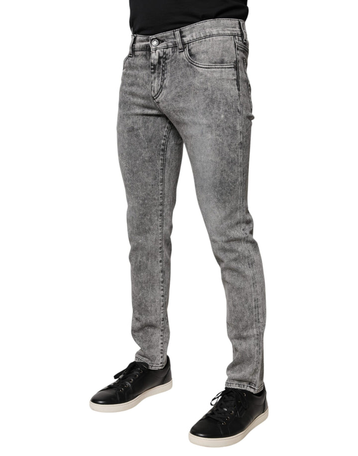 Dolce &amp; Gabbana Gray Logo Plaque Cotton Slim Fit Denim Jeans