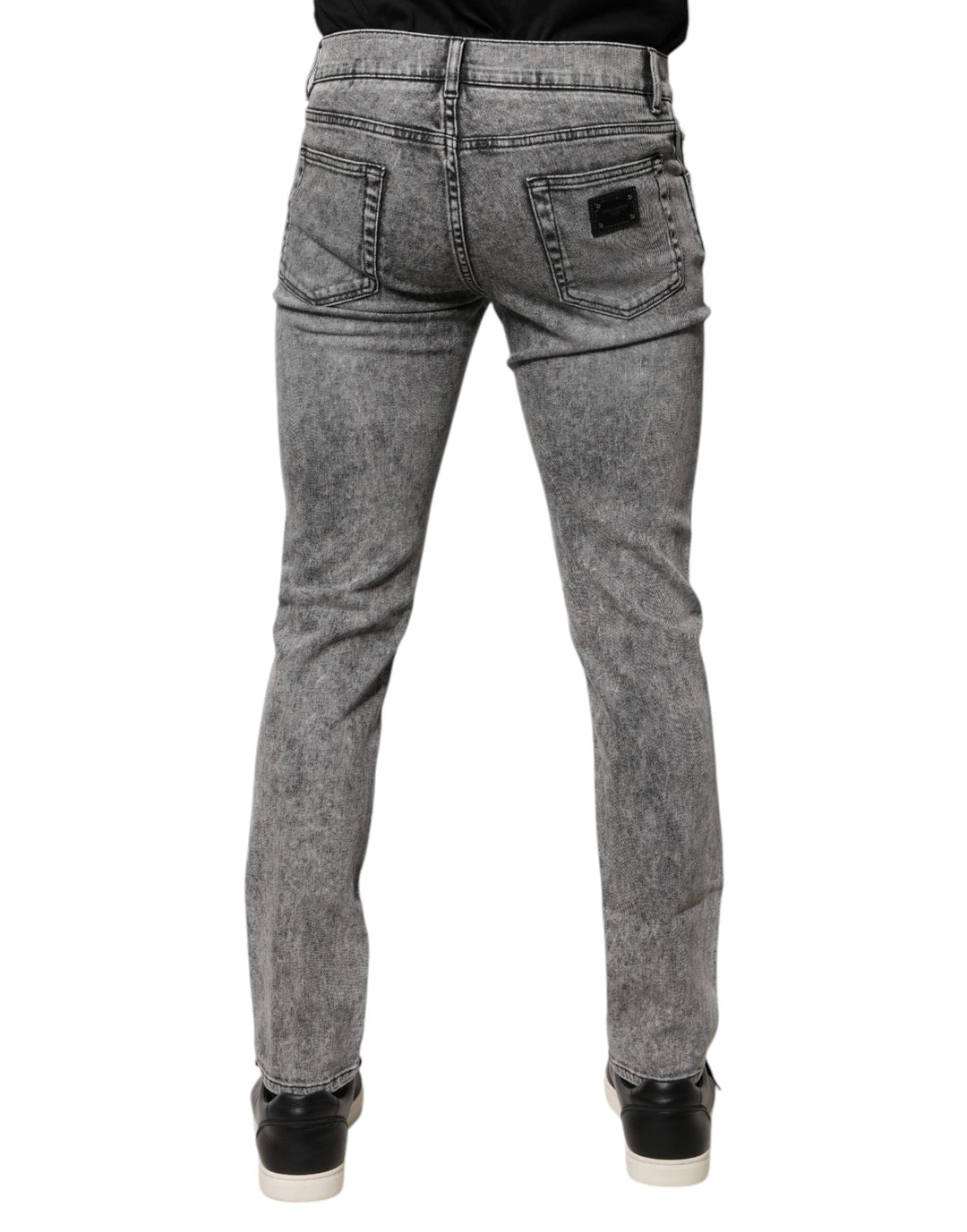 Dolce &amp; Gabbana Gray Logo Plaque Cotton Slim Fit Denim Jeans