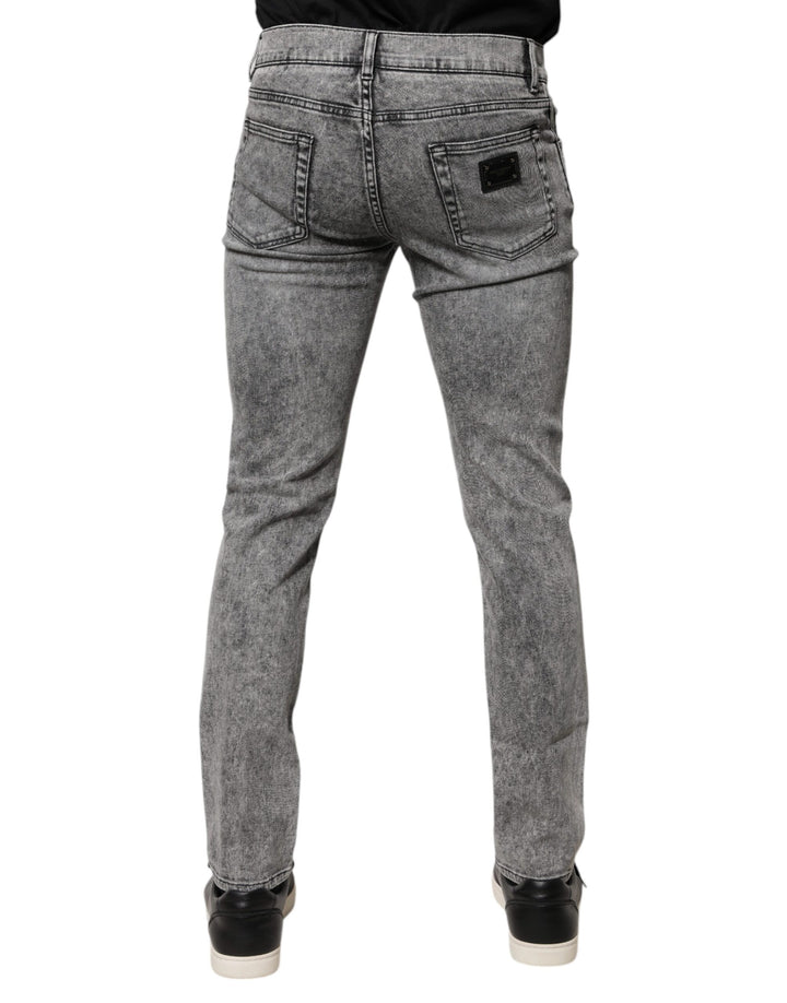 Dolce &amp; Gabbana Gray Logo Plaque Cotton Slim Fit Denim Jeans