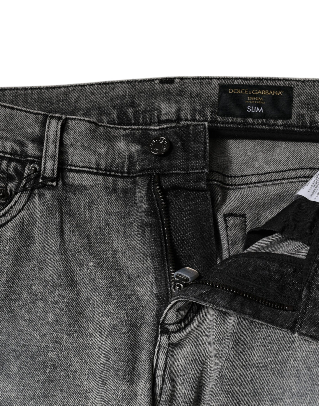 Dolce &amp; Gabbana Gray Logo Plaque Cotton Slim Fit Denim Jeans
