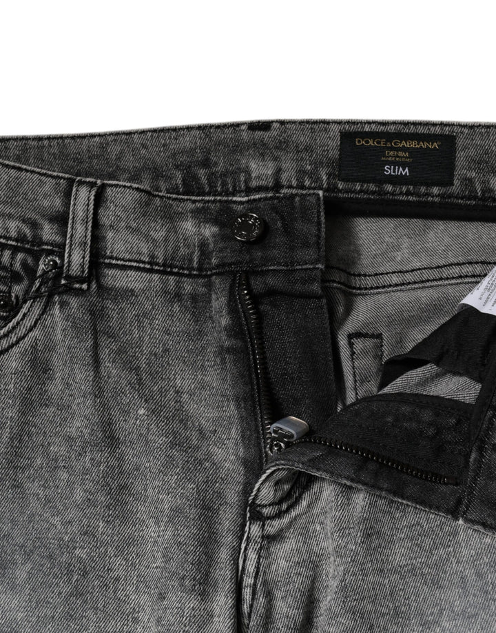 Dolce &amp; Gabbana Gray Logo Plaque Cotton Slim Fit Denim Jeans
