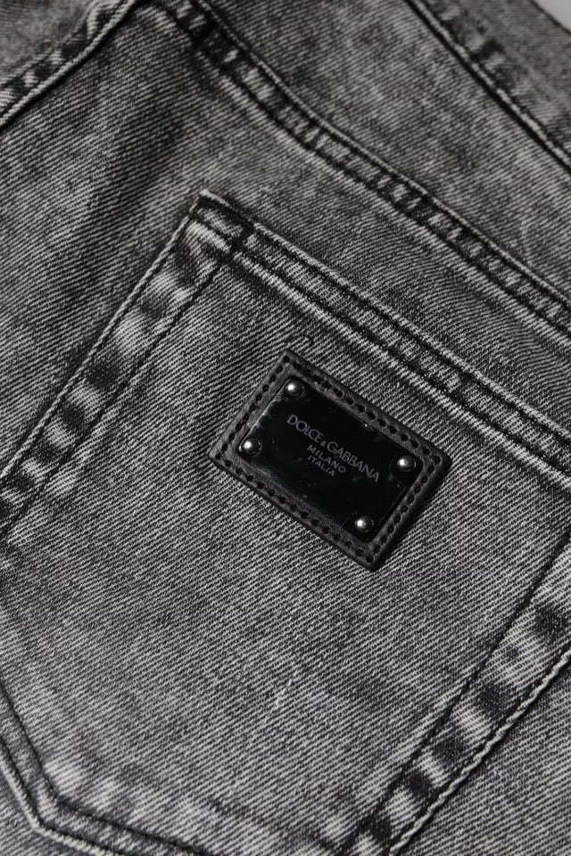 Dolce &amp; Gabbana Gray Logo Plaque Cotton Slim Fit Denim Jeans