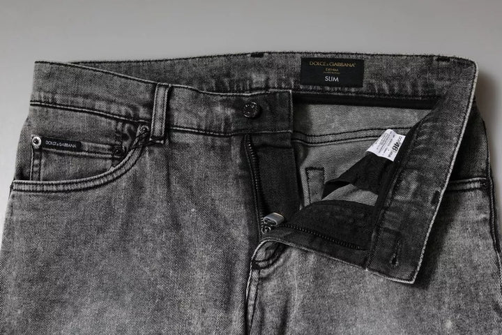 Dolce &amp; Gabbana Gray Logo Plaque Cotton Slim Fit Denim Jeans