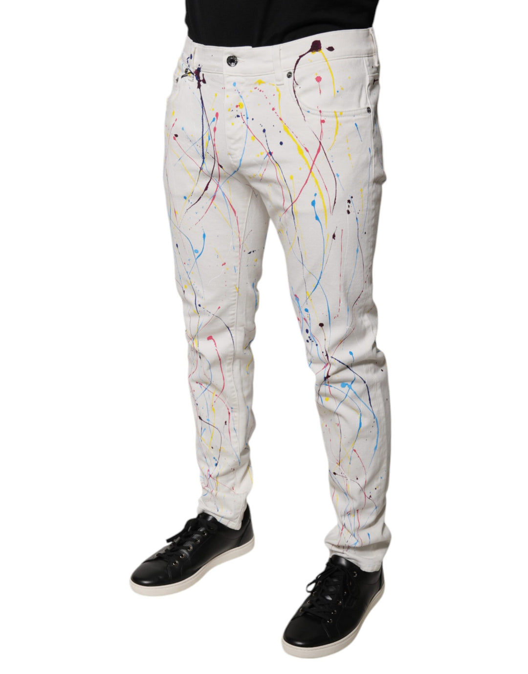 Dolce &amp; Gabbana White Color Splash Print Skinny Denim Jeans