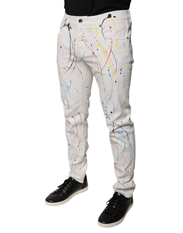 Dolce &amp; Gabbana White Color Splash Print Skinny Denim Jeans