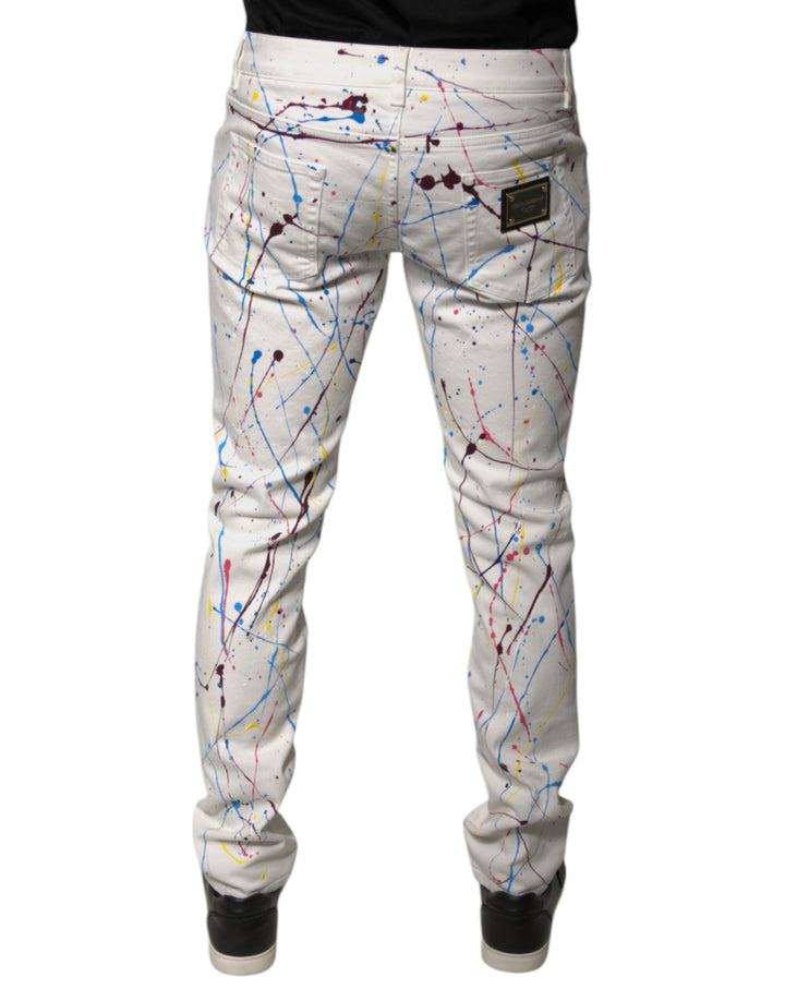 Dolce &amp; Gabbana White Color Splash Print Skinny Denim Jeans