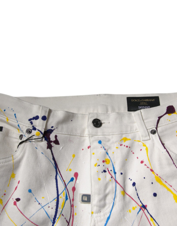 Dolce &amp; Gabbana White Color Splash Print Skinny Denim Jeans