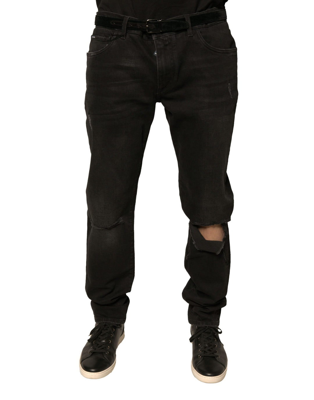 Dolce &amp; Gabbana Black Ripped Logo Cotton Skinny Denim Jeans