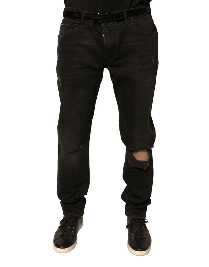 Dolce &amp; Gabbana Black Ripped Logo Cotton Skinny Denim Jeans