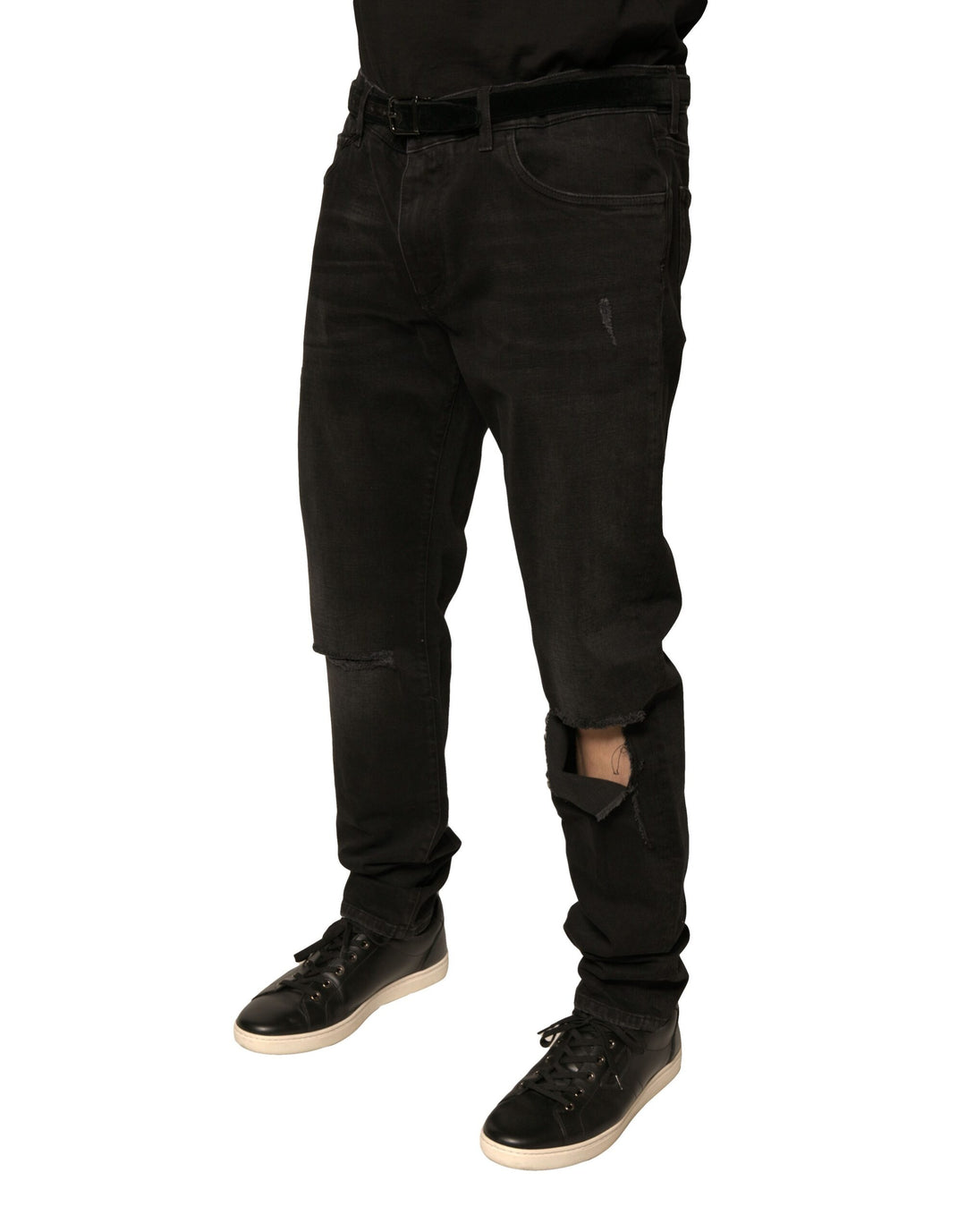 Dolce &amp; Gabbana Black Ripped Logo Cotton Skinny Denim Jeans
