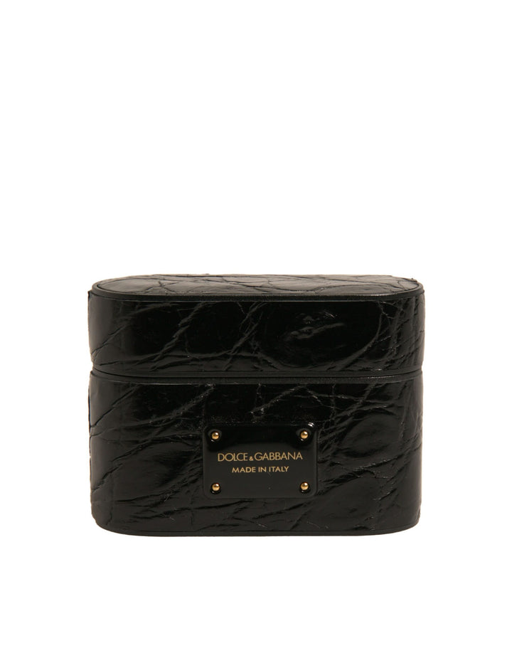Dolce &amp; Gabbana Black Leather Metal Logo Plaque Holder Airpods Case