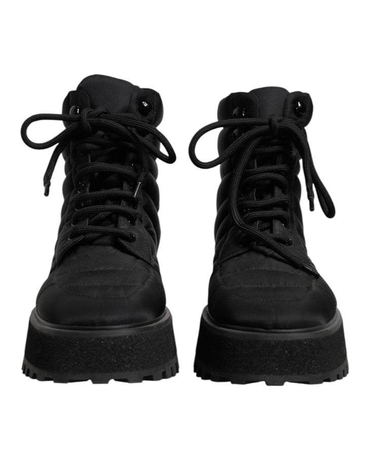 Dolce &amp; Gabbana Black Padded Mid Calf Lace Up Boots Shoes