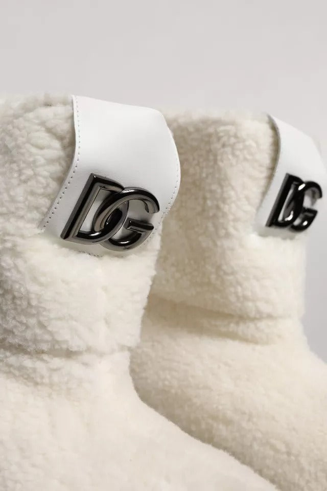 Dolce &amp; Gabbana White Plush Logo Padded Mid Calf Boots Shoes
