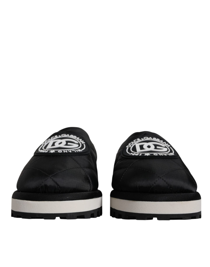 Dolce &amp; Gabbana Black Nylon Quilted Logo Patch Sandals Slides Shoes